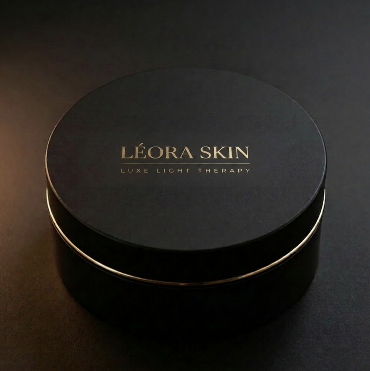 LÉORA SKIN lacquered presentation case sealed with gold-embossed wordmark
