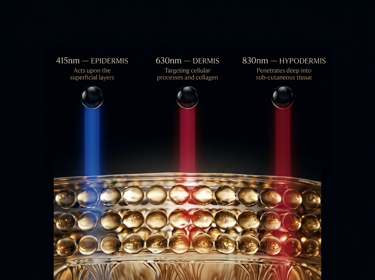 Wavelength spectrum chart: 415nm blue, 630nm red, and 830nm near-infrared penetrating from epidermis to deep tissue